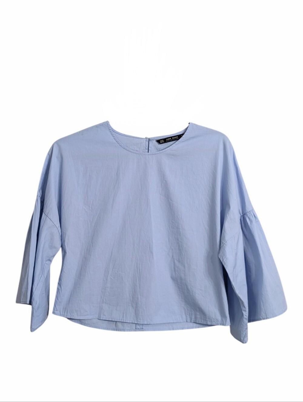 Zara Woman Cotton Light Blue Crop Top Blouse Size XS 3/4 Flare Trumpet Sleeves